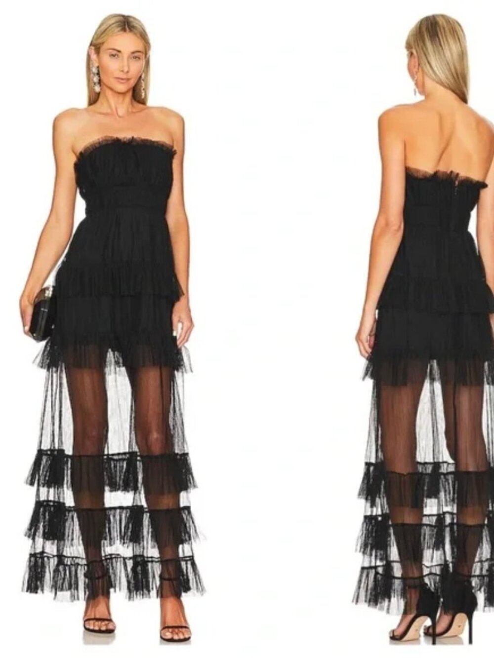 Lovers + Friends Barlow Gown Medium Black Sheer Mesh Strapless Maxi Tiered